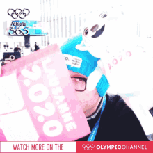 peeking selfie olympic plushie blue beanie lausanne2020