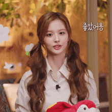 a girl with pigtails is holding a stuffed animal in front of a sign that says ' a ' on it