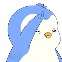 a blue and white penguin with the word penguin behind it