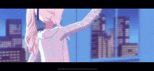 a girl with pink hair is standing in front of a city at night