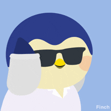 a penguin wearing sunglasses and a white shirt with the word finch below it