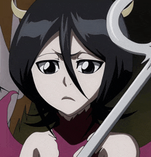 a cartoon character with horns on her head holds a sword