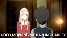 a man and a girl are standing next to each other with the words " good morning my darling hadley "