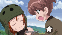 a girl in a helmet is talking to another girl in a military uniform who is asking what was that