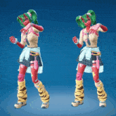 a video game character with green hair and red arms and legs