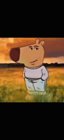 a cartoon character is standing in a field with a man in the background