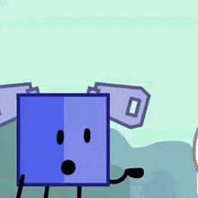 a blue square with a smile on its face is standing next to a cartoon character .
