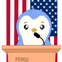 a cartoon of a penguin giving a speech behind a podium that says pengu