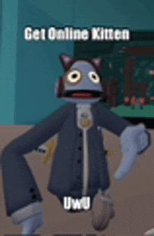a cartoon character is standing in front of a pool table with the words `` get online kitten '' written on the bottom .
