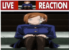 a girl in a blue jacket is sitting on a set of stairs next to the words live reaction