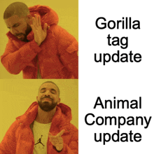 a man in an orange jacket is making a funny face next to a yellow background that says gorilla tag update and animal company update