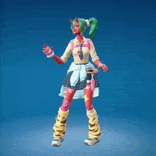 a girl with green hair and a red face is wearing a school uniform
