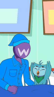 a cartoon drawing of a person with a w on their head