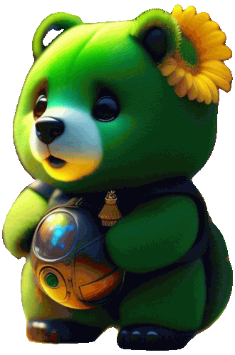 a green teddy bear has a yellow flower on its head