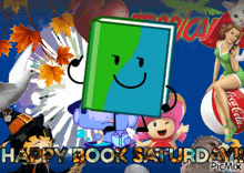 a happy book saturday poster with a book with a face on it