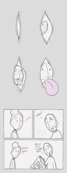 a cartoon shows a man sticking his tongue out and a woman talking to him