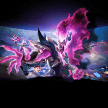 a video game screen shows a monster with purple flames coming out of his hands