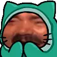 a man with a beard is wearing a green cat hat and covering his face .