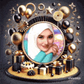 a woman in a hijab is surrounded by balloons gifts and stars