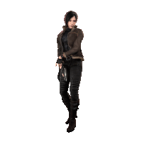 a woman in a brown jacket holding a gun