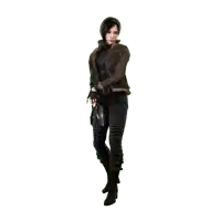 a woman in a brown jacket holding a gun