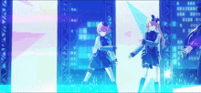 two anime girls are standing next to each other on a stage in front of a city skyline .