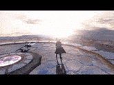 a man in a black coat is standing on a circular platform with a sword