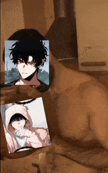 a man without a shirt is holding a picture of a man in a pink hoodie