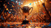 a trophy is surrounded by confetti and a crowd of people celebrating