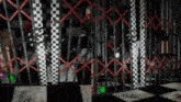 a room with a checkered floor and a cage with a red and white checkered pattern