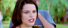 a woman is talking to a man and says `` i 'll share with you ! ''