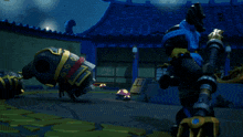 a cartoon samurai with red eyes and horns stands in front of a building