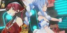 two anime girls are standing next to each other on a stage . one of the girls is wearing a pirate hat .