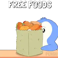 a penguin is standing next to a bag of food that says free foods