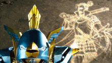 a drawing of a samurai with a sword is behind a robot