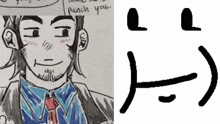 a drawing of a man in a suit and tie next to a drawing of a face that says " punch you "