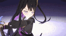 a girl with long black hair and purple highlights holds a sword