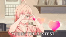 a pink anime girl is making a heart shape with her hands over her eyes .