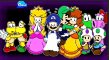 a group of cartoon characters on a purple background with a blue bubble in the middle