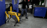 a man is standing next to a yellow robot that says dynamic on it