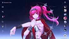 a screenshot of a video game shows a girl with pink hair and a red cape