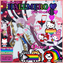 a picture of hello kitty and my melody with the words " i love you queer " at the bottom