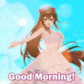 a picture of a girl in a white dress with the words good morning