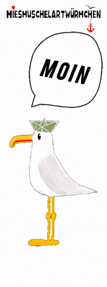 a seagull with a speech bubble that says moin on it