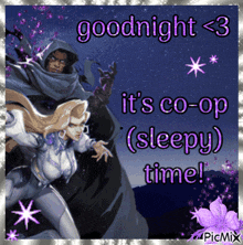 a picture of a man and a woman with the words goodnight < 3 it 's co-op sleepy time