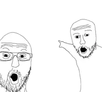 a black and white drawing of two men with glasses and a beard pointing at each other .