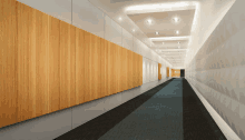 an artist 's impression of a long hallway with wood paneling