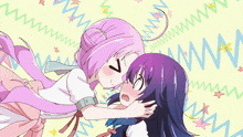 two anime girls are kissing with the words nice odeko catch written on the bottom