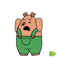 a cartoon of a bear wearing green overalls with pants gear written on the bottom right