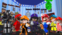 a group of cartoon characters standing in a room with the words team smg6 crew on the top